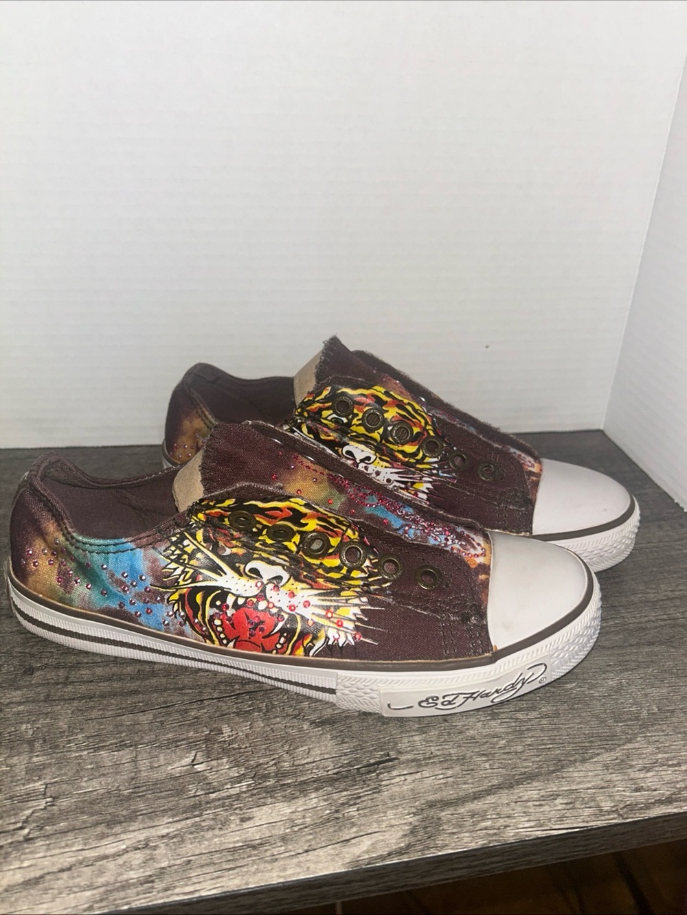 Vintage Y2k Ed Hardy Slip On Sneakers Women's Size 7 Black Tiger Low Top